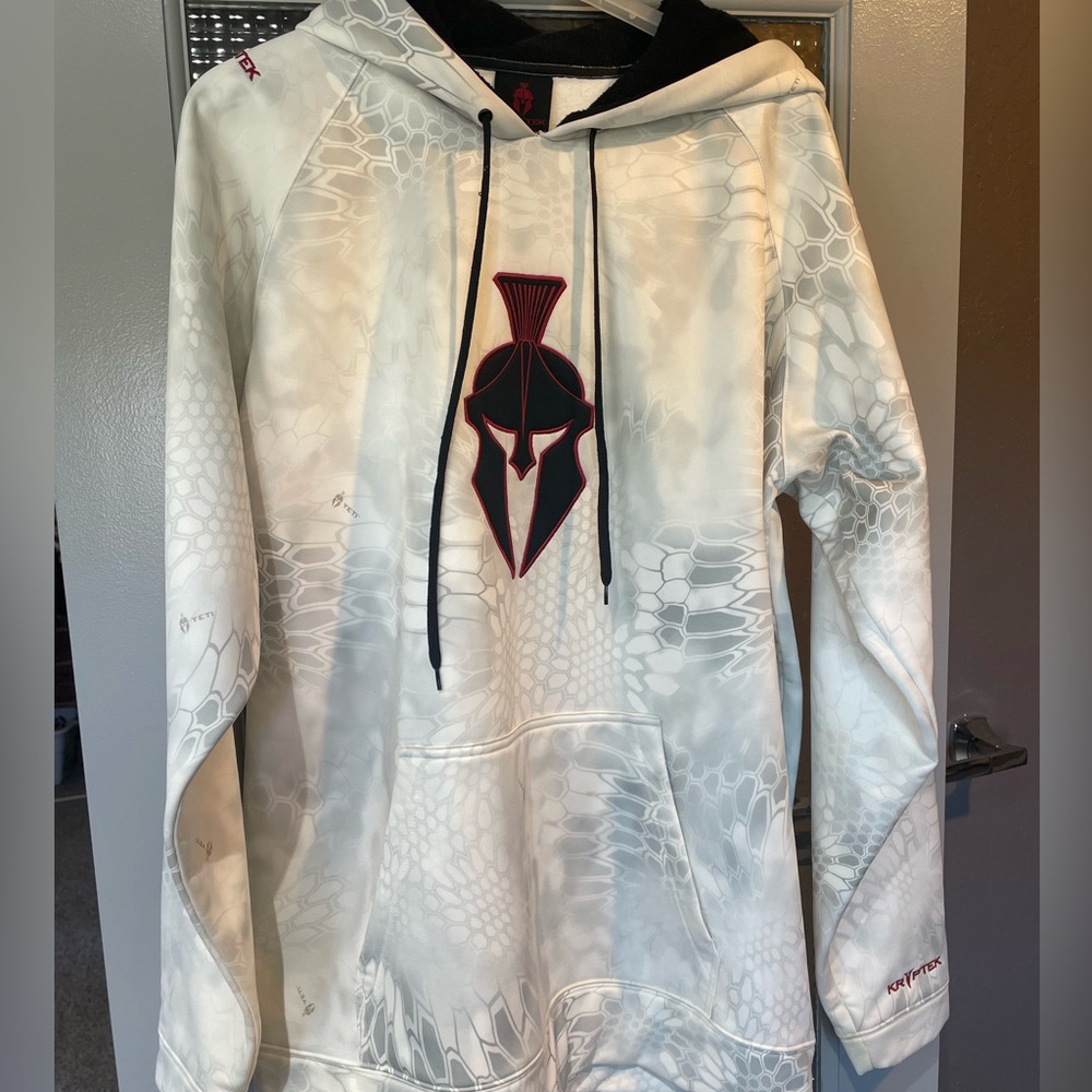 Kryptek Men's White and Gray Hoodie with Red Spartan Logo